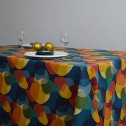 Toile ou tissu enduit pour nappage, avec un motif à l'esprit "sixties" très coloré  sur votre table
