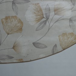 Toile cirée ronde, finie par un biais pour 4 à 6 couverts avec des fleurs sur fond beige