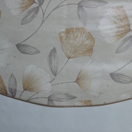 Toile cirée ronde, finie par un biais pour 4 à 6 couverts avec des fleurs sur fond beige