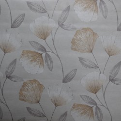 Toile cirée ronde, finie par un biais pour 4 à 6 couverts avec des fleurs sur fond beige