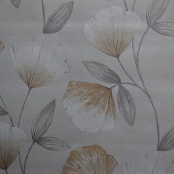 Toile cirée ronde, finie par un biais pour 4 à 6 couverts avec des fleurs sur fond beige