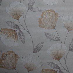 Toile cirée ronde, finie par un biais pour 4 à 6 couverts avec des fleurs sur fond beige