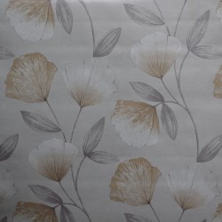 Toile cirée ronde, finie par un biais pour 4 à 6 couverts avec des fleurs sur fond beige