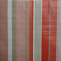 Toile cirée standard en 140cm, un bayadère aux rayures rouges, grises, blanches et taupe