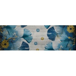 Toile cirée ronde, finie avec un biais de couleur, pour 4 à 6 couverts avec de larges feuilles bleu turquoise