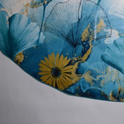 Toile cirée ronde, finie avec un biais de couleur, pour 4 à 6 couverts avec de larges feuilles bleu turquoise