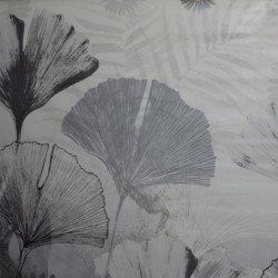 Toile cirée ronde Ø 160 Chimène, de larges feuilles grises sur fond blanc pour un aspect moderne