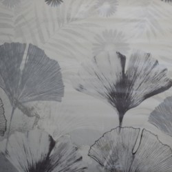 Toile cirée ronde Ø 160 Chimène, de larges feuilles grises sur fond blanc pour un aspect moderne