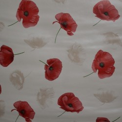 Toile cirée ronde pour 4 à 6 couverts, finie par un biais coloré avec des coquelicots sur fond beige