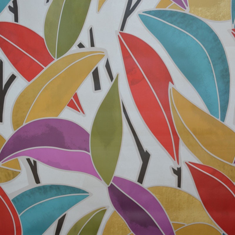 Toile cirée standard en 140 cm de large, des feuilles très colorées et un aspect aspect structuré