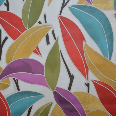 Toile cirée standard en 140 cm de large, des feuilles très colorées et un aspect aspect structuré