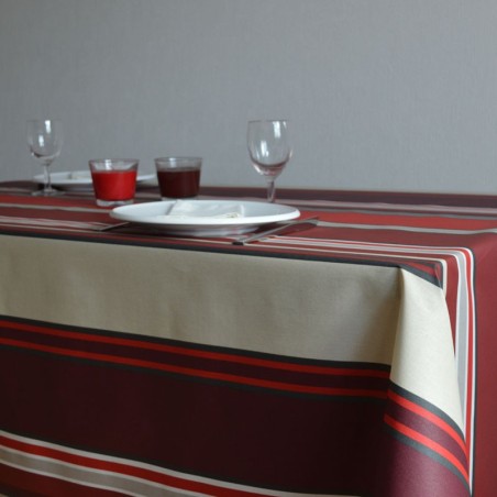 Nappe en toile enduite à l'esprit basque avec ses rayures rouges, bordeaux et naturel