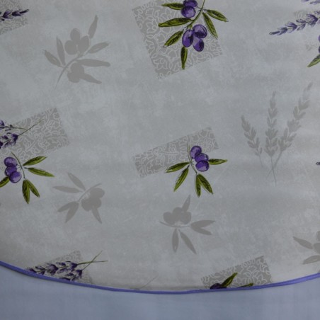 Toile cirée ronde, finie par un biais, pour 4 à 6 couverts, un thème provençal chic et sobre