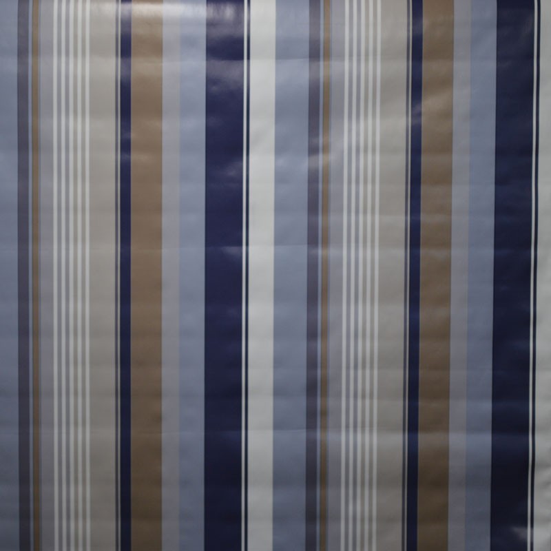 Toile cirée standard en 160, Brice, un bayadère aux rayures bleues, taupe et blanches