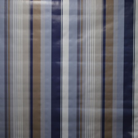 Toile cirée standard en 160, Brice, un bayadère aux rayures bleues, taupe et blanches