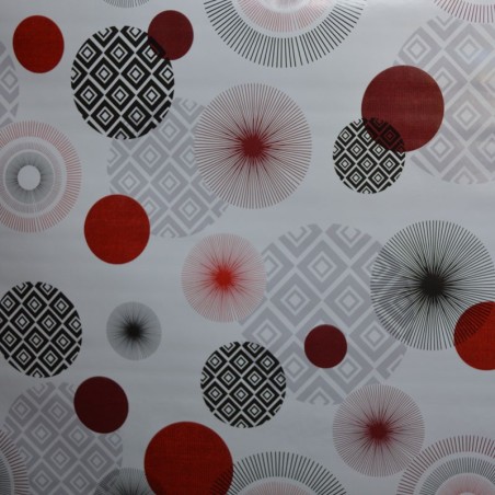 Toile cirée standard au mètre en 140 cm avec des ronds rouges et anthracite