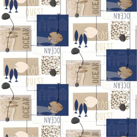 Toile cirée au style bord de mer avec poissons, galets et cabanes de plage.
