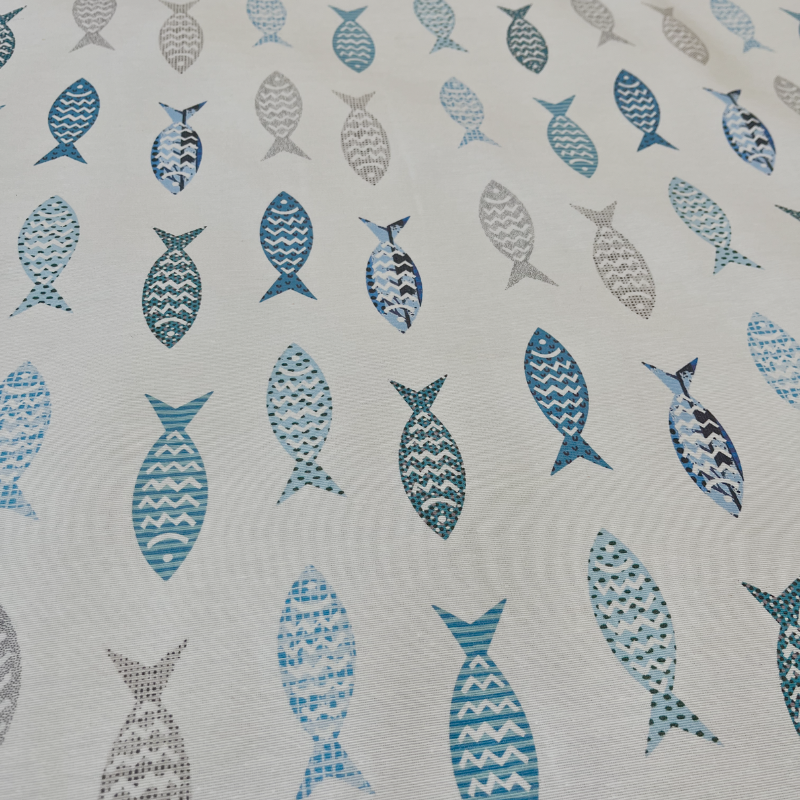 Tissu enduit grande largeur au mètre Marin, avec alignement de poissons, idéale pour une décoration bord de mer