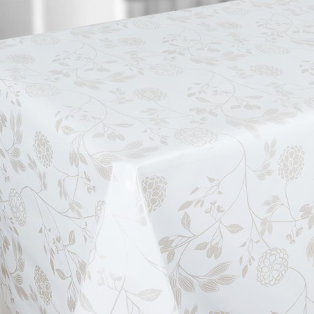 Toile cirée au mètre Annabelle, en 140 cm de large, de jolies fleurs légèrement argentées sur fond blanc...