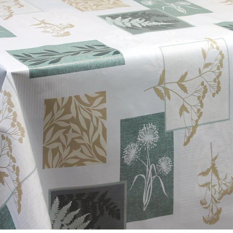 Toile cirée ronde Ø 140 Paul, motif de plantes et feuillages encadrés dans des carrés beige et vert sauge