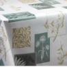 Toile cirée ronde Ø 140 Paul, motif de plantes et feuillages encadrés dans des carrés beige et vert sauge