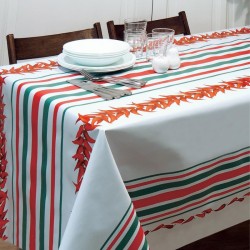 Toile cirée au mètre Mattin, rayures rouges, vertes et blanches rehaussées de motifs piments...