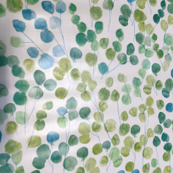 Toile cirée au mètre Jenny, en 180 cm de large, un motif de feuilles vertes et bleues