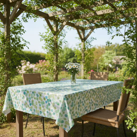 Toile cirée au mètre Jenny, en 180 cm de large, un motif de feuilles vertes et bleues