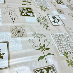 Toile cirée au mètre Jacques, en 180 cm de large, un motif botanique beige avec impression de plantes et herbiers