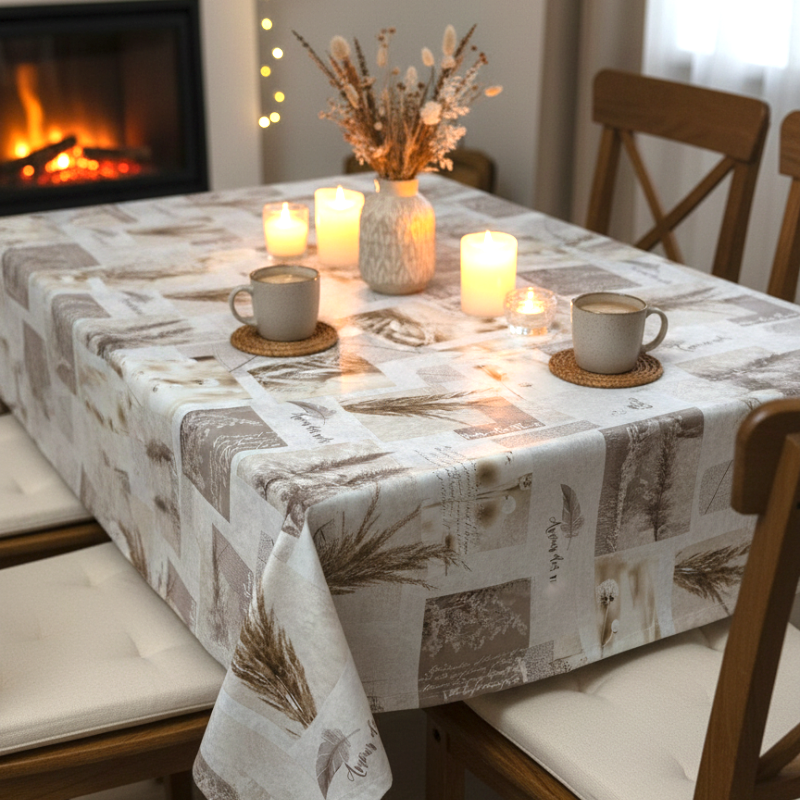 Toile cirée au mètre Martine, en 180 cm de large, aux nuances beige et taupe, décorée de feuilles de pampa