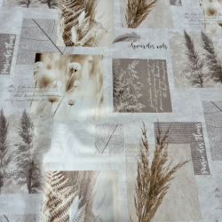 Toile cirée au mètre Martine, en 180 cm de large, aux nuances beige et taupe, décorée de feuilles de pampa