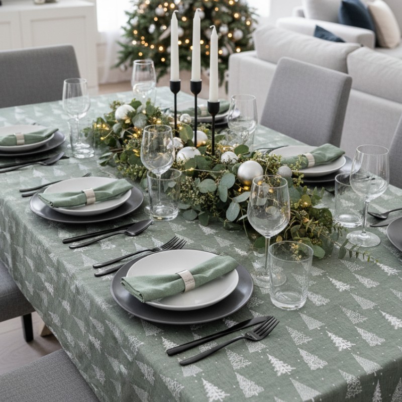 Tissu laminé au mètre Alix, une nappe de Noël élégante aux motifs sapins blancs sur fond vert