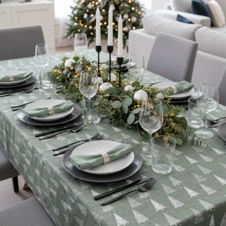 Tissu laminé au mètre Alix, une nappe de Noël élégante aux motifs sapins blancs sur fond vert