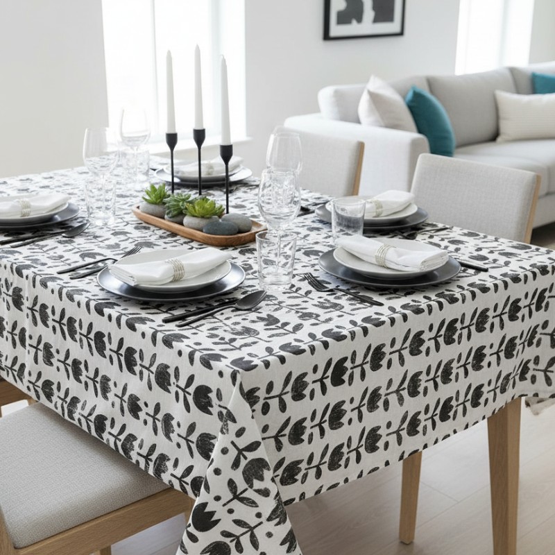 Tissu laminé au mètre Théa, au motif floral noir et blanc au style graphique et épuré
