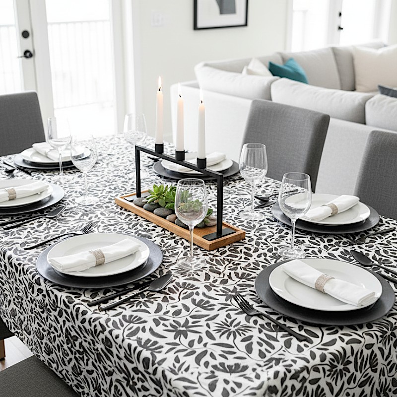 Tissu laminé au mètre Léane, au motif floral noir et blanc au style graphique