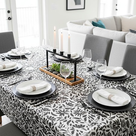 Tissu laminé au mètre Léane, au motif floral noir et blanc au style graphique