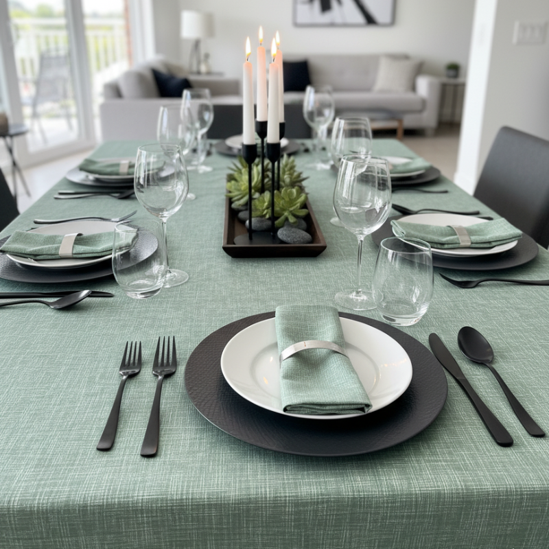 Tissu laminé au mètre Milo, une nappe verte texturée au style naturel et chic