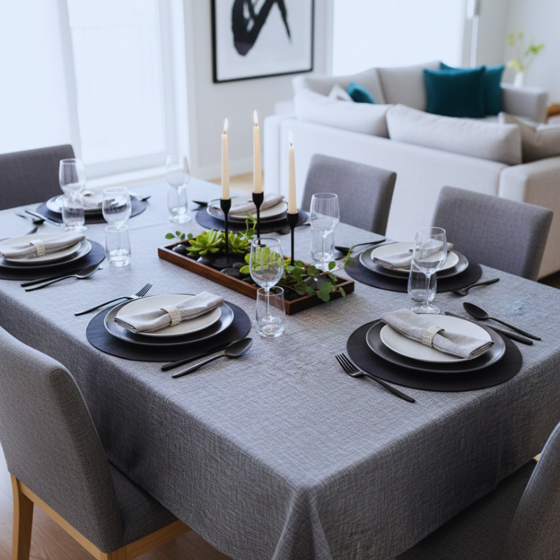 Tissu laminé au mètre Milo anthracite , une nappe grise  texturée au style naturel et chic