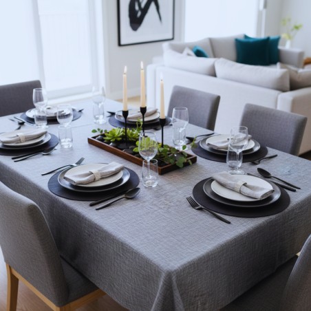 Tissu laminé au mètre Milo anthracite , une nappe grise  texturée au style naturel et chic