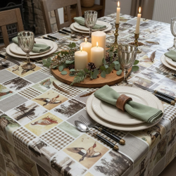 Toile cirée au mètre Léon, un patchwork champêtre mêlant oiseaux et motifs à carreaux beige...