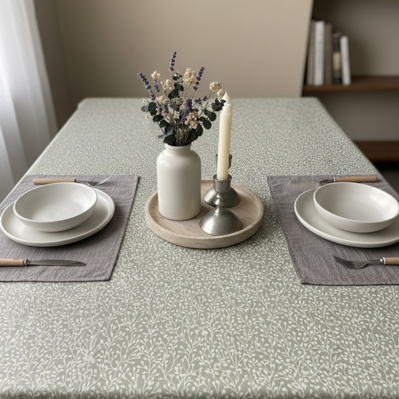 Toile cirée au mètre Rani, en 180 cm de largeur, un motif végétal délicat couleur crème sur fond taupe sur votre table...