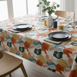 Toile cirée au mètre Sienna, en 160 cm de large, un motif floral graphique aux tons terracotta, ocre et vert