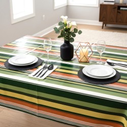 Toile cirée au mètre Solano, habillée d'un motif à rayures aux tons vert olive, ocre et terracotta.