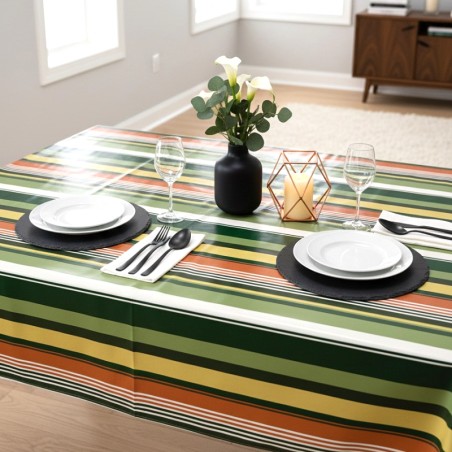 Toile cirée au mètre Solano, habillée d'un motif à rayures aux tons vert olive, ocre et terracotta.