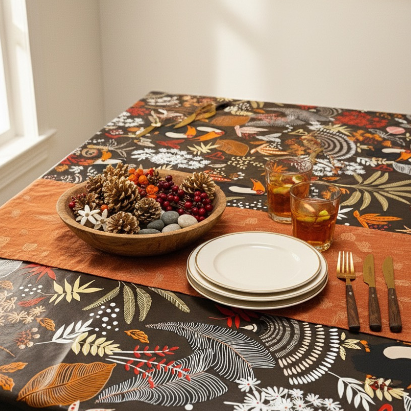 Toile cirée au mètre Anjali, un motif vivant et exotique, des toucans colorés et des feuillages tropicaux