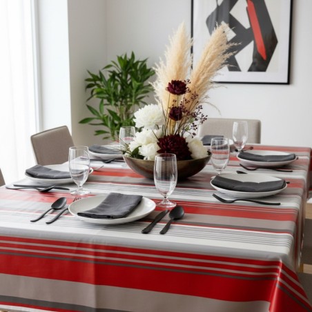 Toile cirée au mètre Carmine, rayures rouges et grises