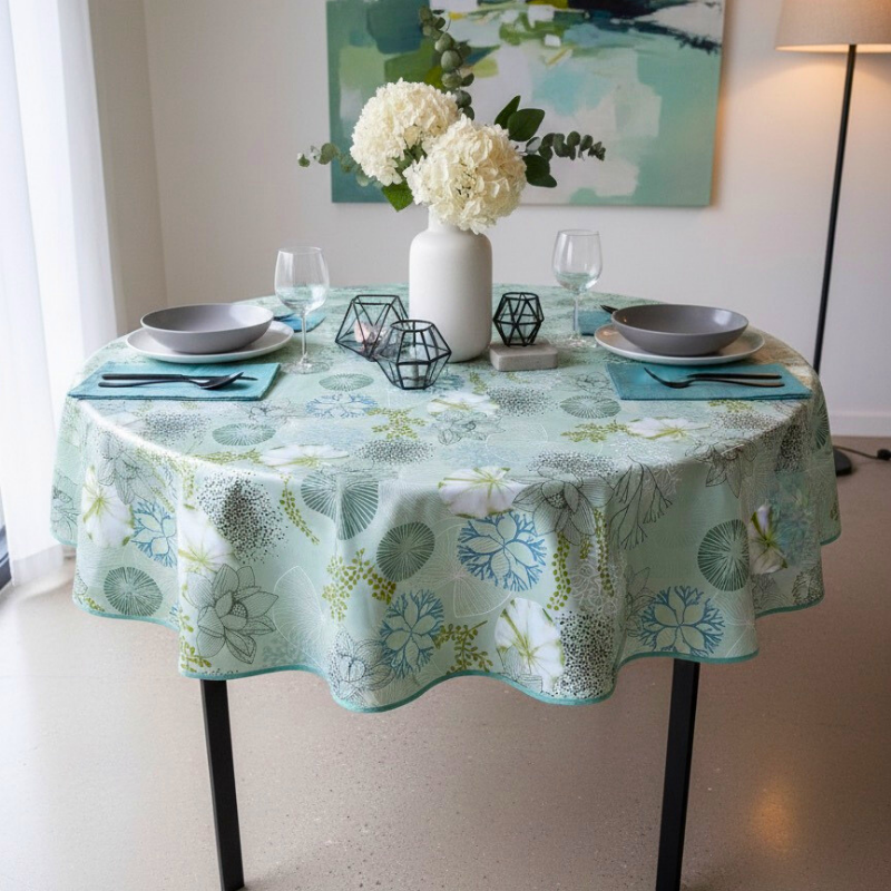 Toile cirée ronde Ø 160 Nerina, ornée de magnifiques fleurs aquatiques pour sublimer votre table...