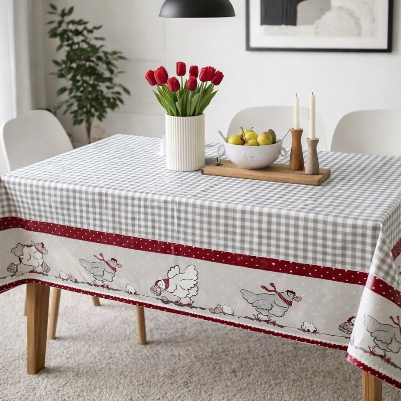 Toile cirée au mètre Armand, motif vichy gris clair avec une frise décorative pleine de charme