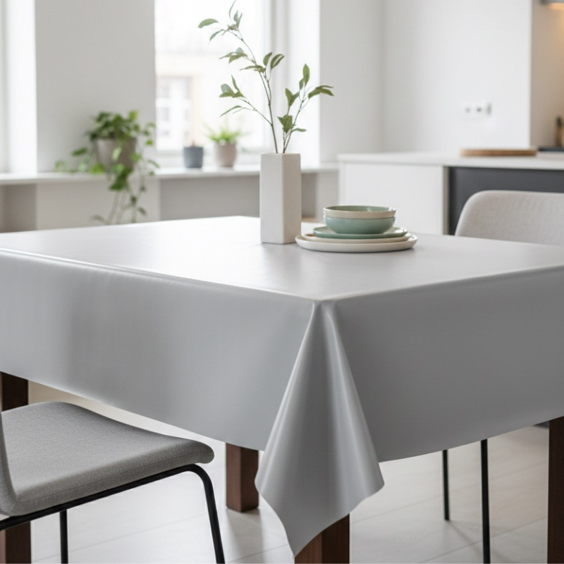 Toile cirée au mètre Leva en 160 cm de large, un gris clair uni qui séduit par son élégance sobre et sa teinte douce