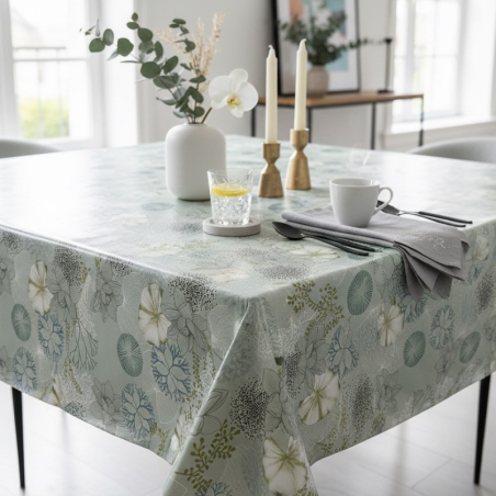Toile cirée au mètre Nerina, ornée de magnifiques fleurs aquatiques pour sublimer votre table...